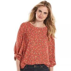 LC Lauren Conrad Mandarin Orange Floral Long Sleeve Blouse - Size L